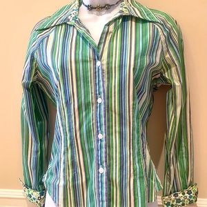 Jane Blue Striped Blouse with Floral Accents